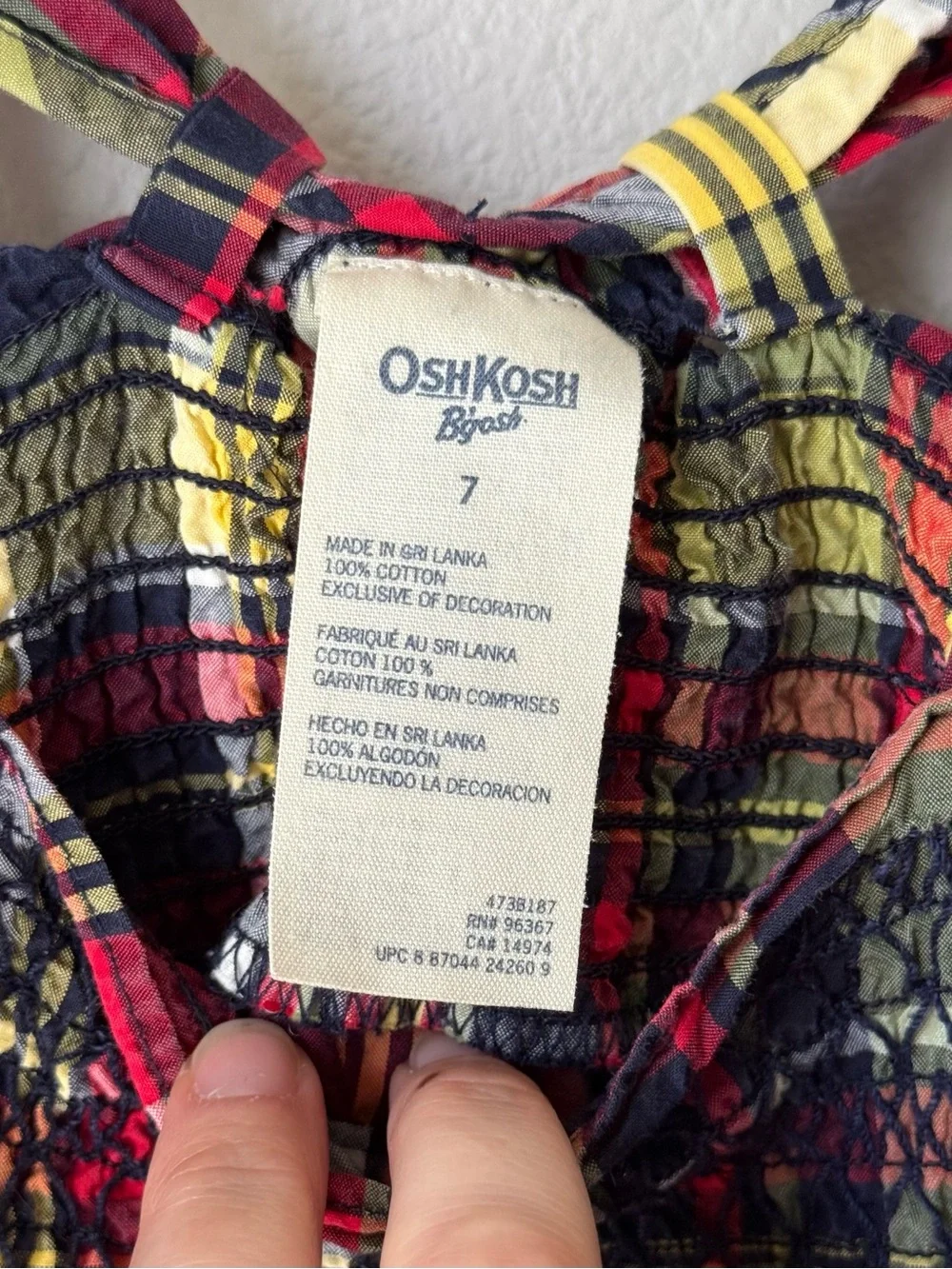 Oshkosh B’gosh Plaid Smocked Cotton Sundress Top Girls Size 7 Bow Tie Detail